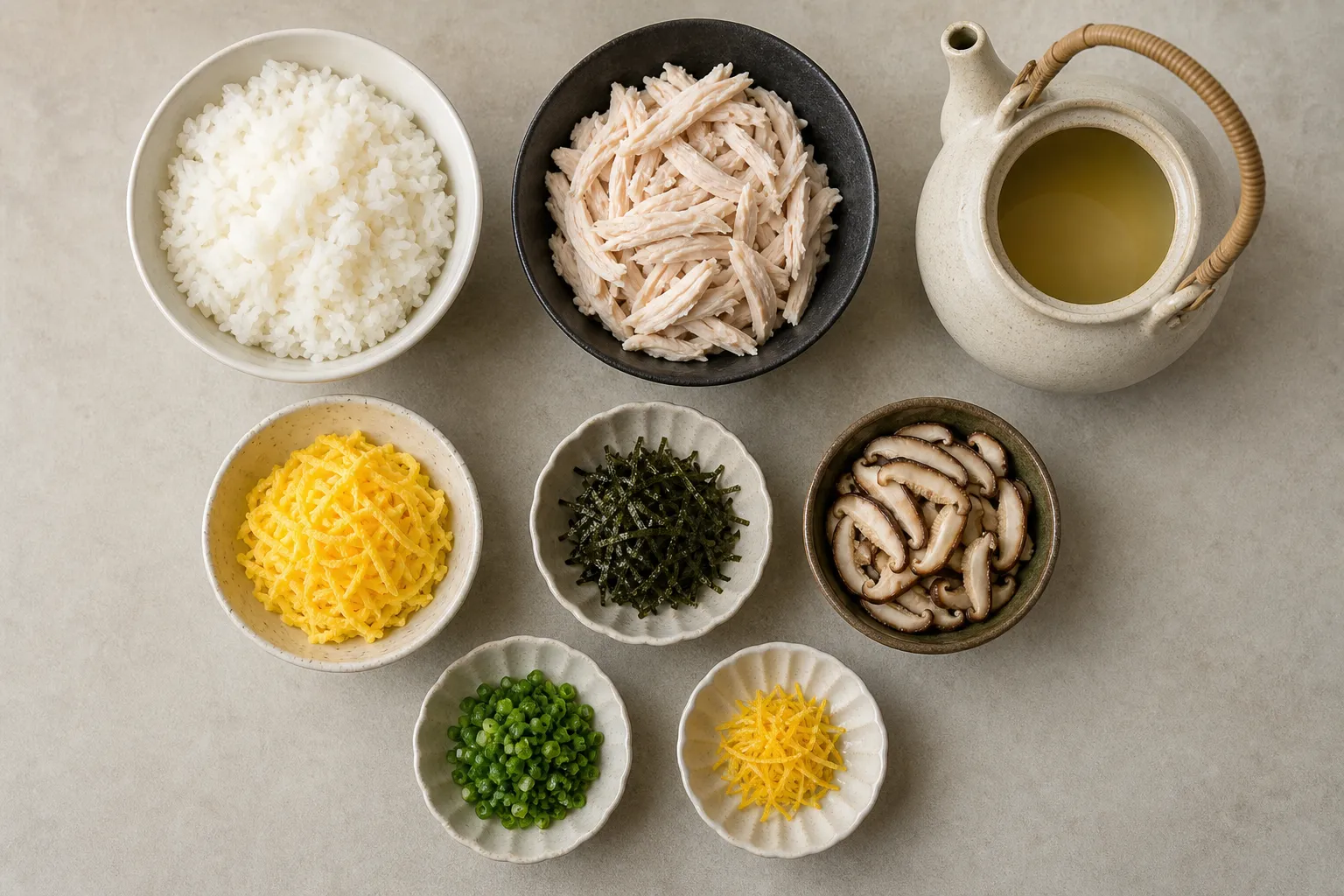 Shredded chicken, egg threads, nori, shiitake and a pot of clear broth laid out to make keihan