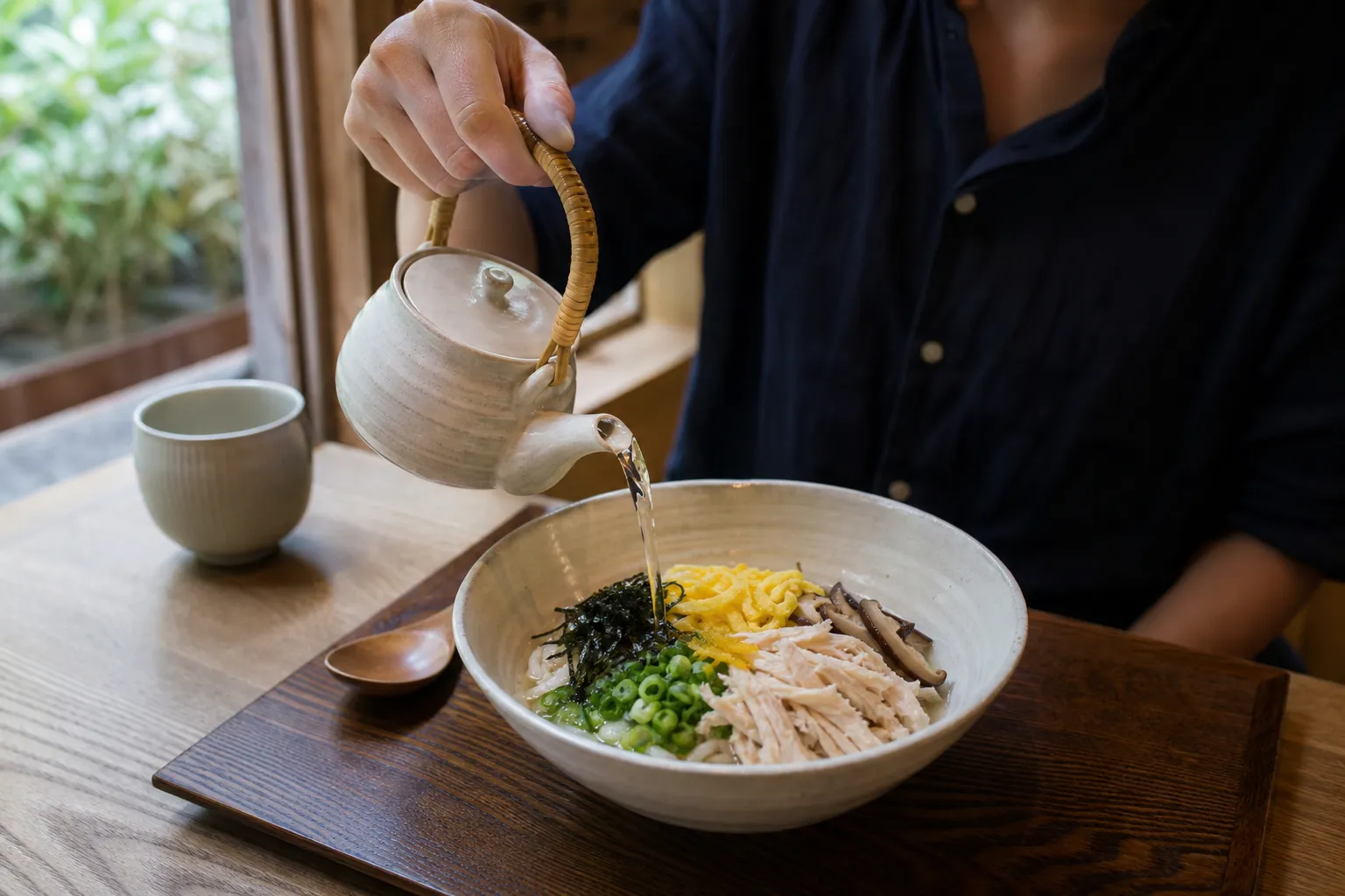 A bowl of keihan with a small pot of clear broth being poured over at an Amami restaurant