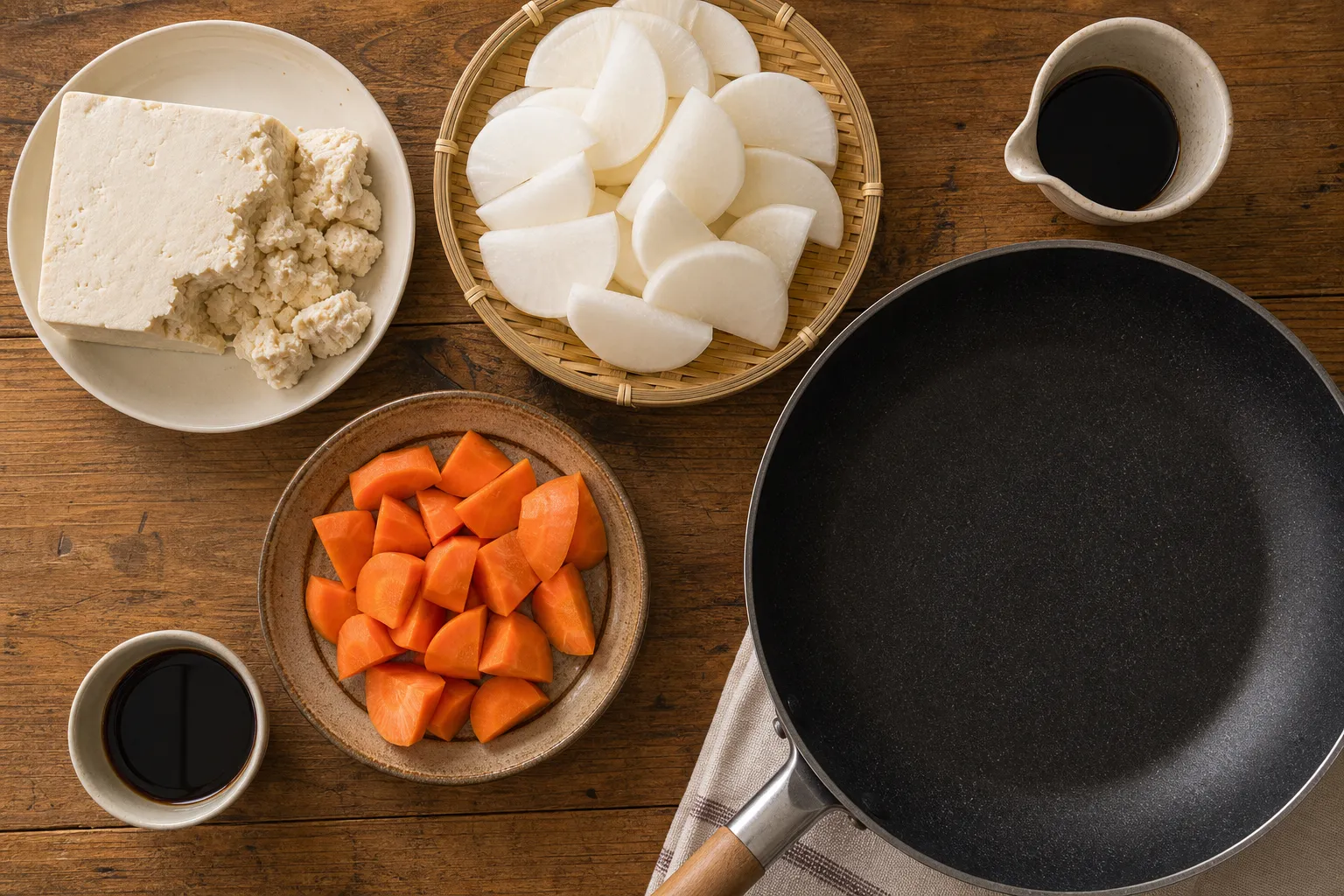Crumbling tofu and simmering with daikon and carrot for kenchou
