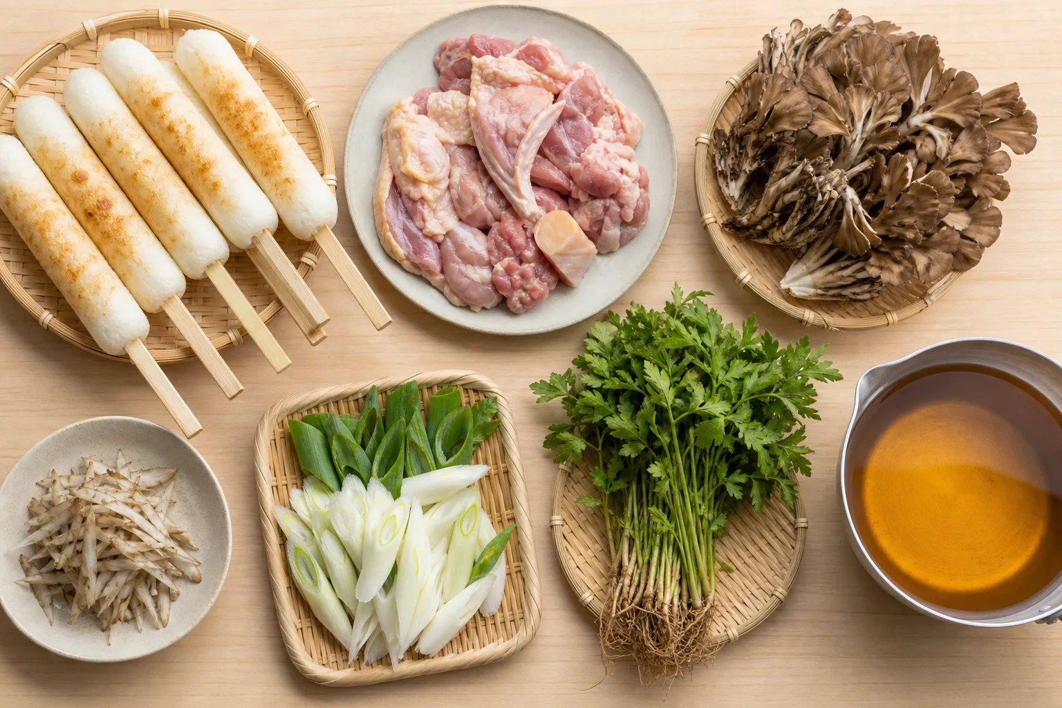 Kiritanpo hot pot ingredients laid out: rice cylinders, chicken, maitake, burdock, seri