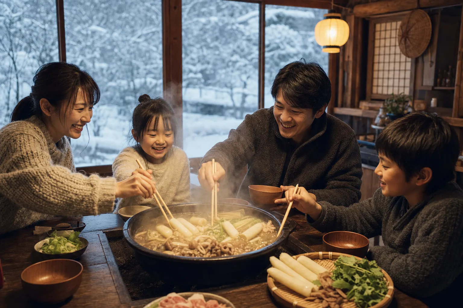 A family around a bubbling kiritanpo hot pot at a snowy Akita farmhouse