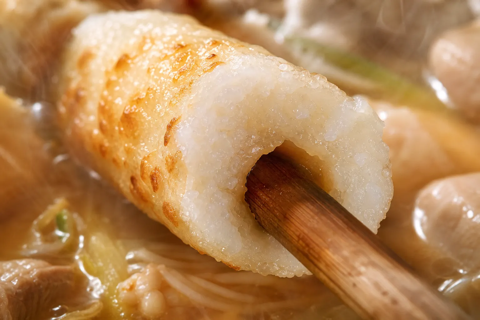 Close-up of a toasted kiritanpo rice cylinder soaking in clear broth