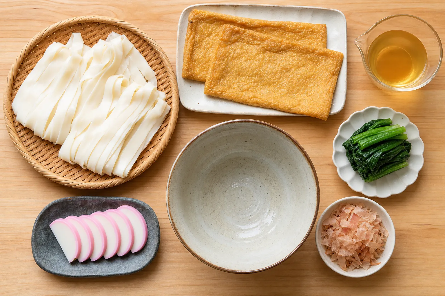 Flat kishimen noodles, aburaage, greens, kamaboko and bonito flakes laid out to assemble a bowl of Nagoya kishimen