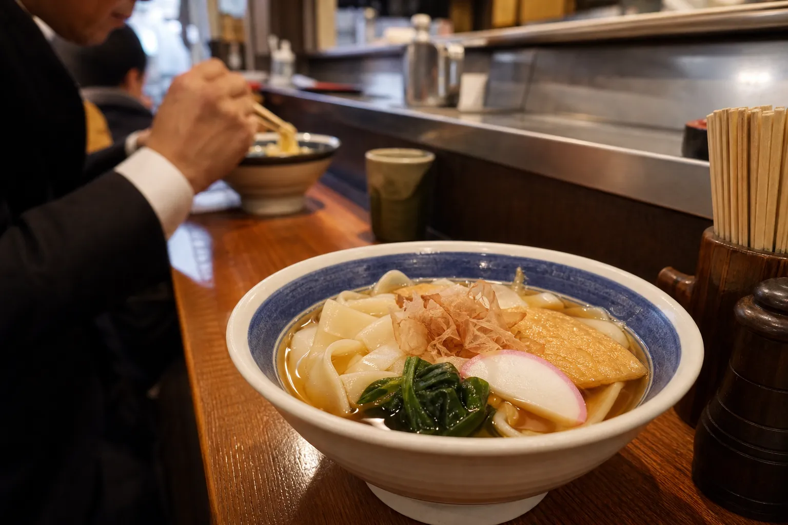 A stand-and-eat kishimen counter on a Nagoya train platform with commuters slurping bowls of flat-noodle udon