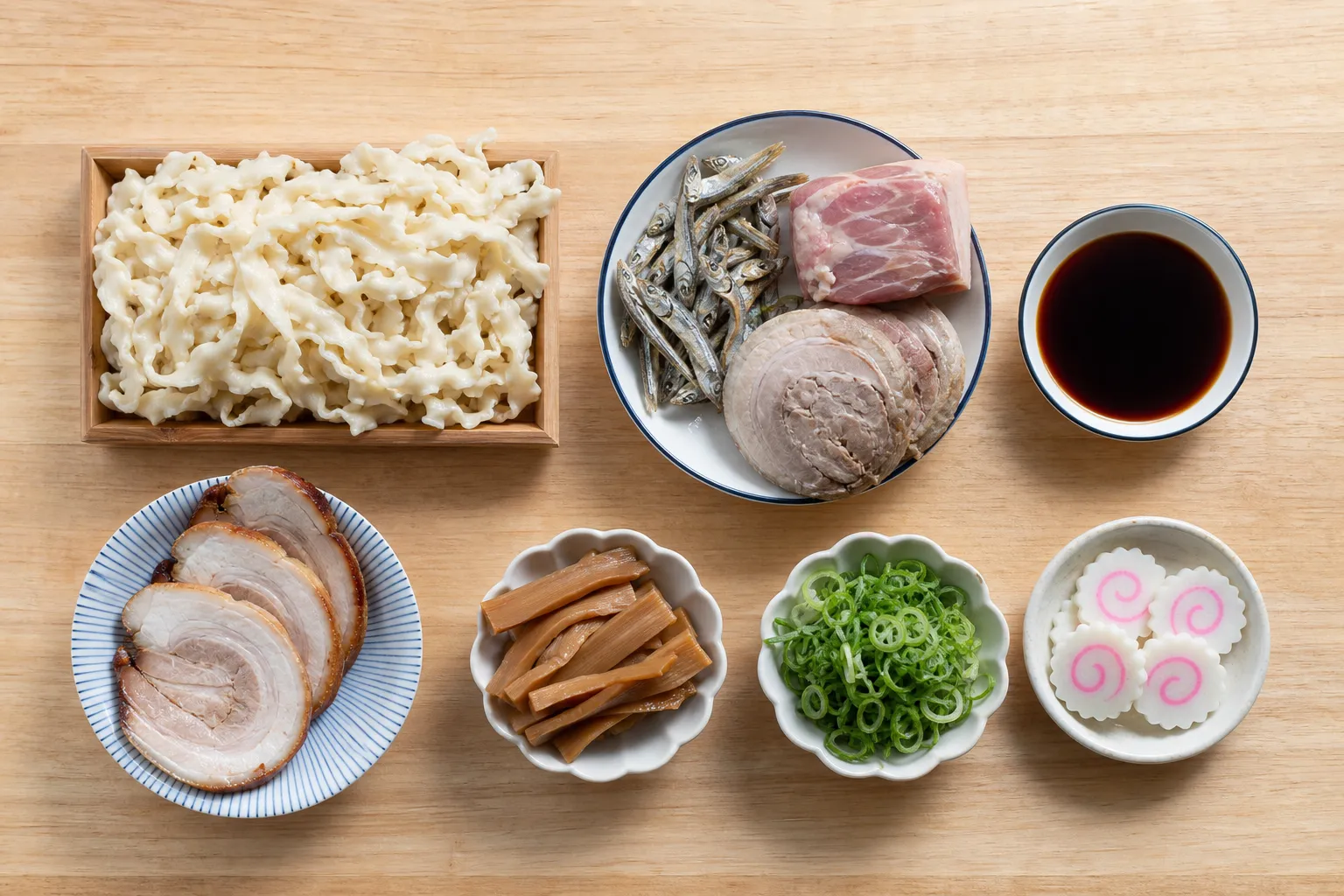 The ingredients of Kitakata ramen: flat curly noodles, niboshi, pork, char siu