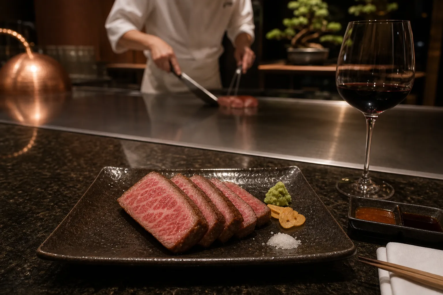 Kobe Beef served at a teppanyaki counter in Kobe