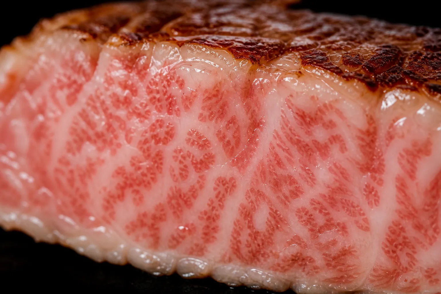 Close-up of the fine marbling in a slice of Kobe Beef