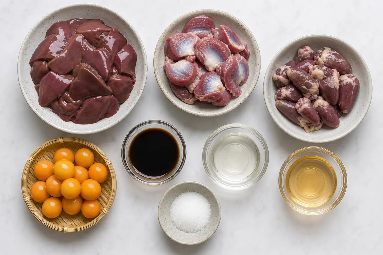Torimotsu-ni preparation with fresh chicken innards and tare sauce
