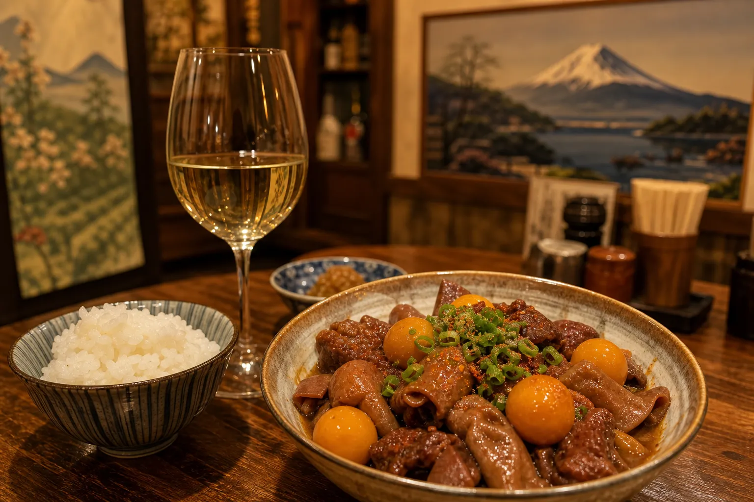Kofu torimotsu-ni served in a bowl with glossy tare glaze