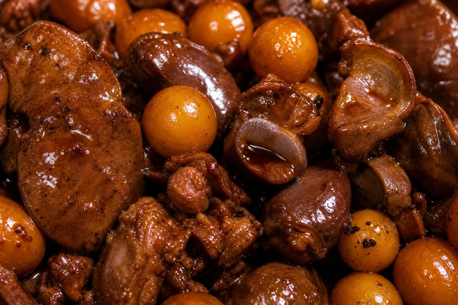 Close-up of torimotsu-ni showing the different innards and glossy glaze