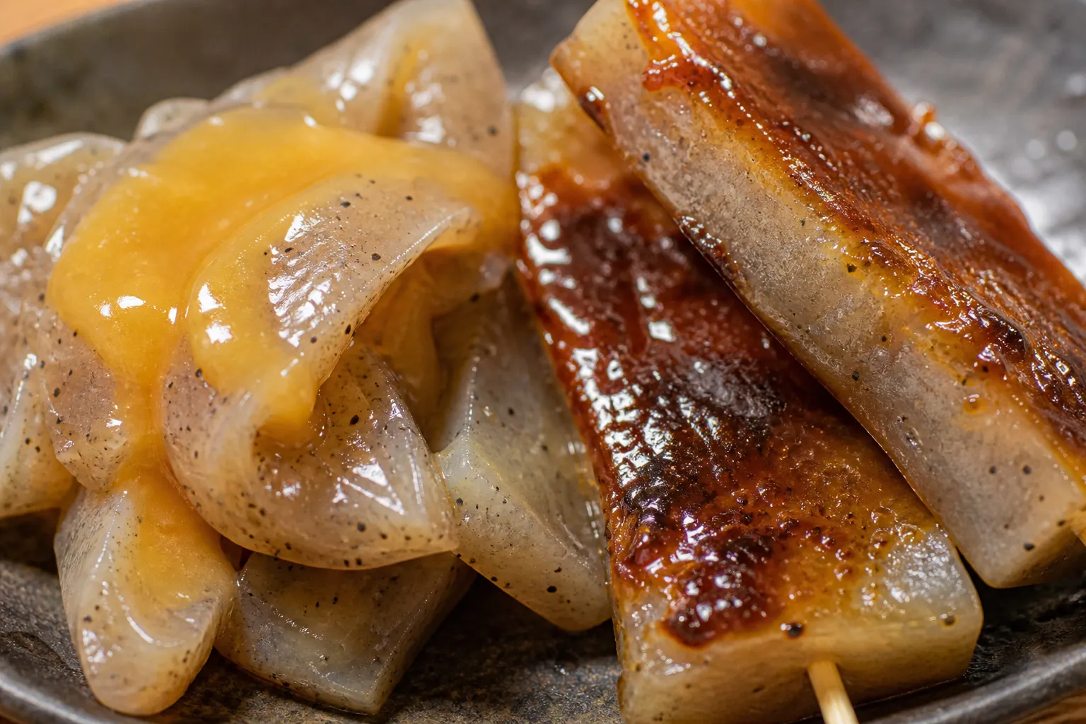 Close-up of springy sashimi-style konnyaku slices