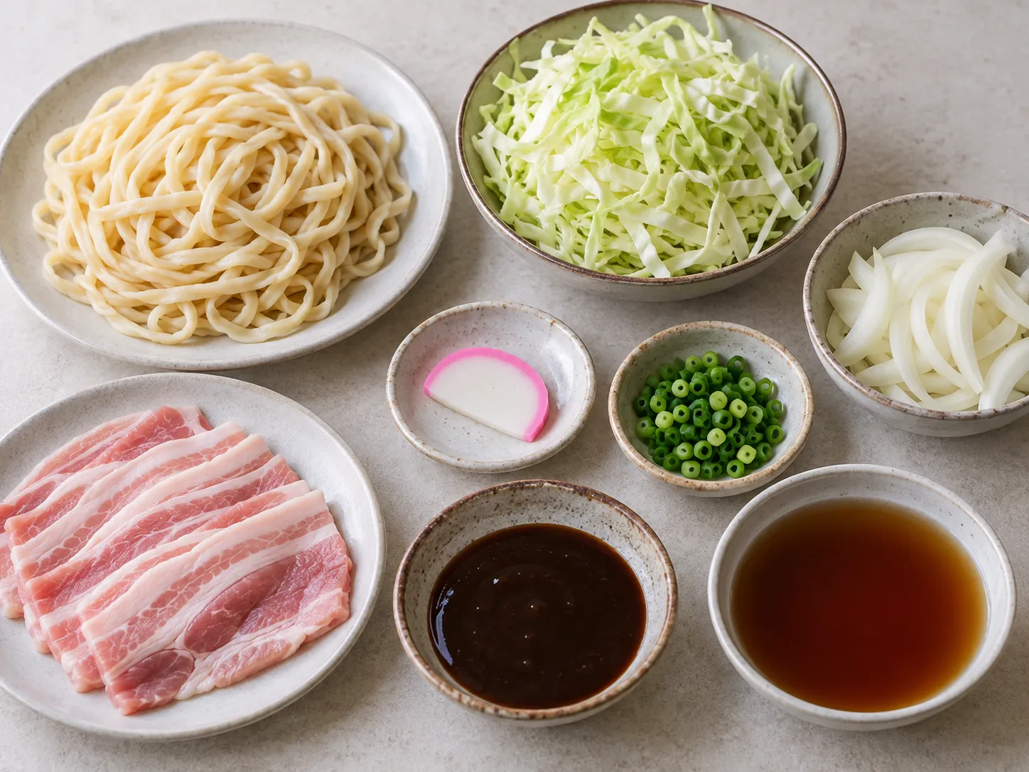 Flat yakisoba noodles being fried with sauce on a griddle before being transferred into broth