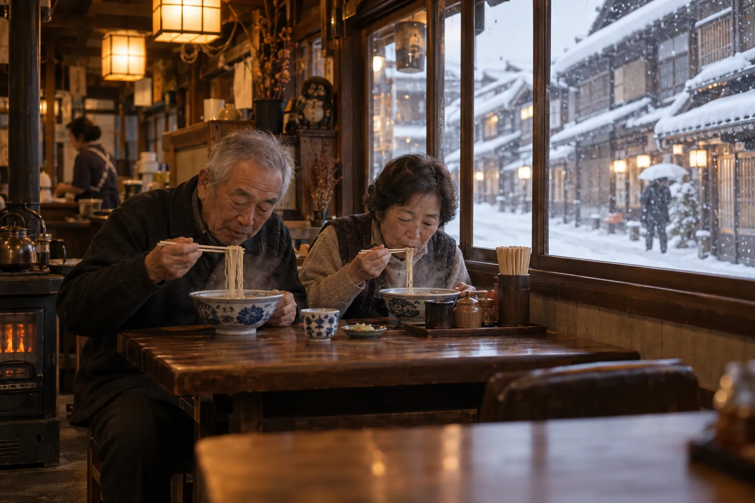 A bowl of tsuyu yakisoba on a worn table in an old noodle shop in Kuroishi, Aomori
