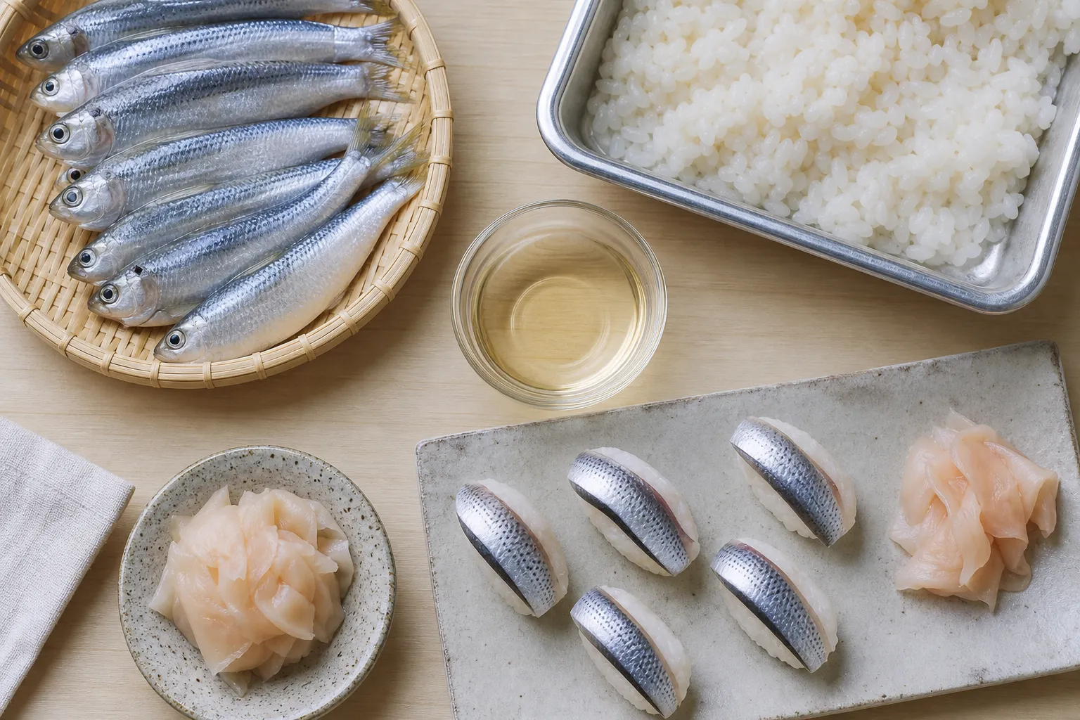 Filleting and vinegar-curing mamakari, then pressing onto sushi rice
