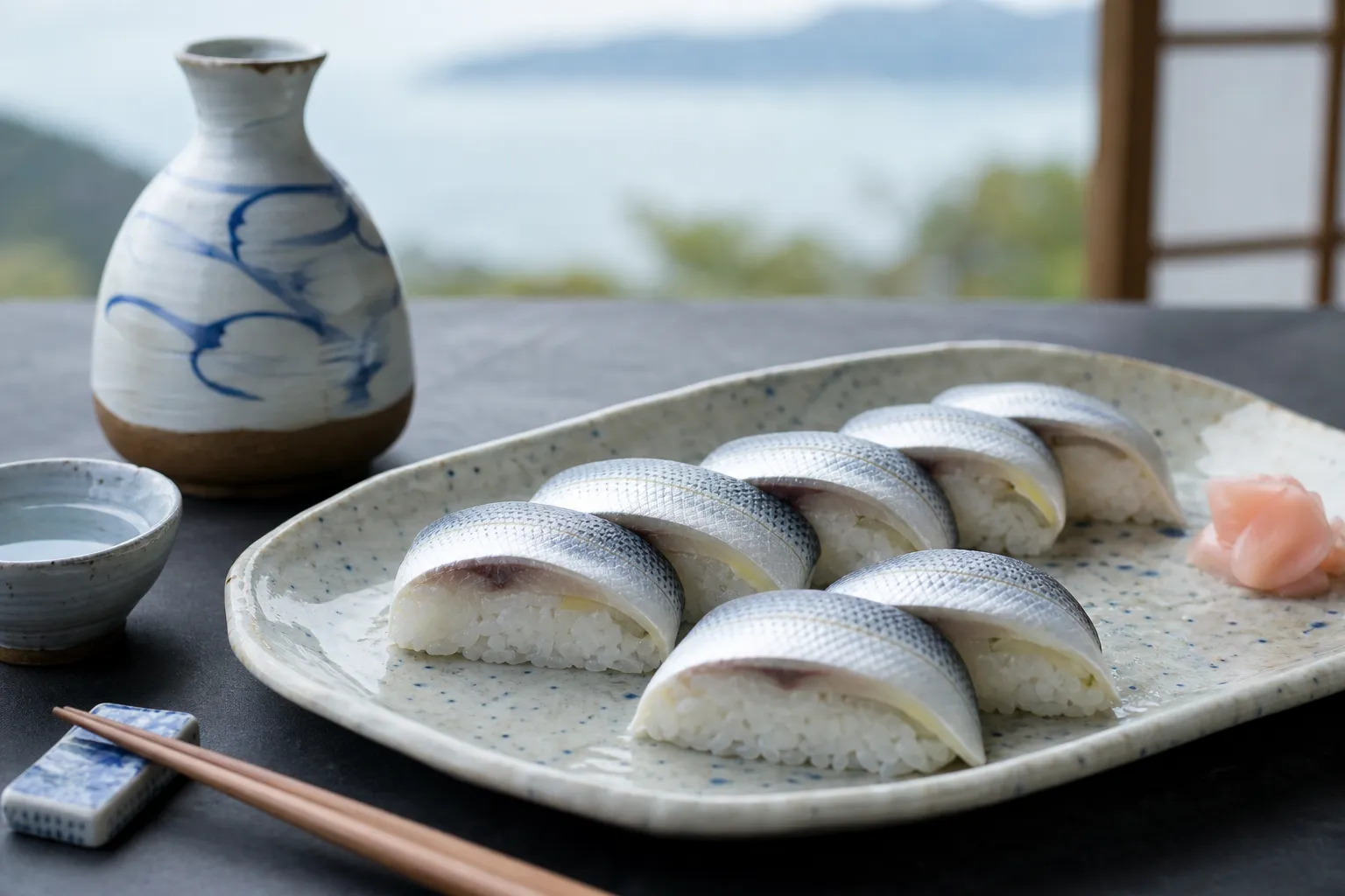 Mamakari-zushi served on a plate at an Okayama sushi counter