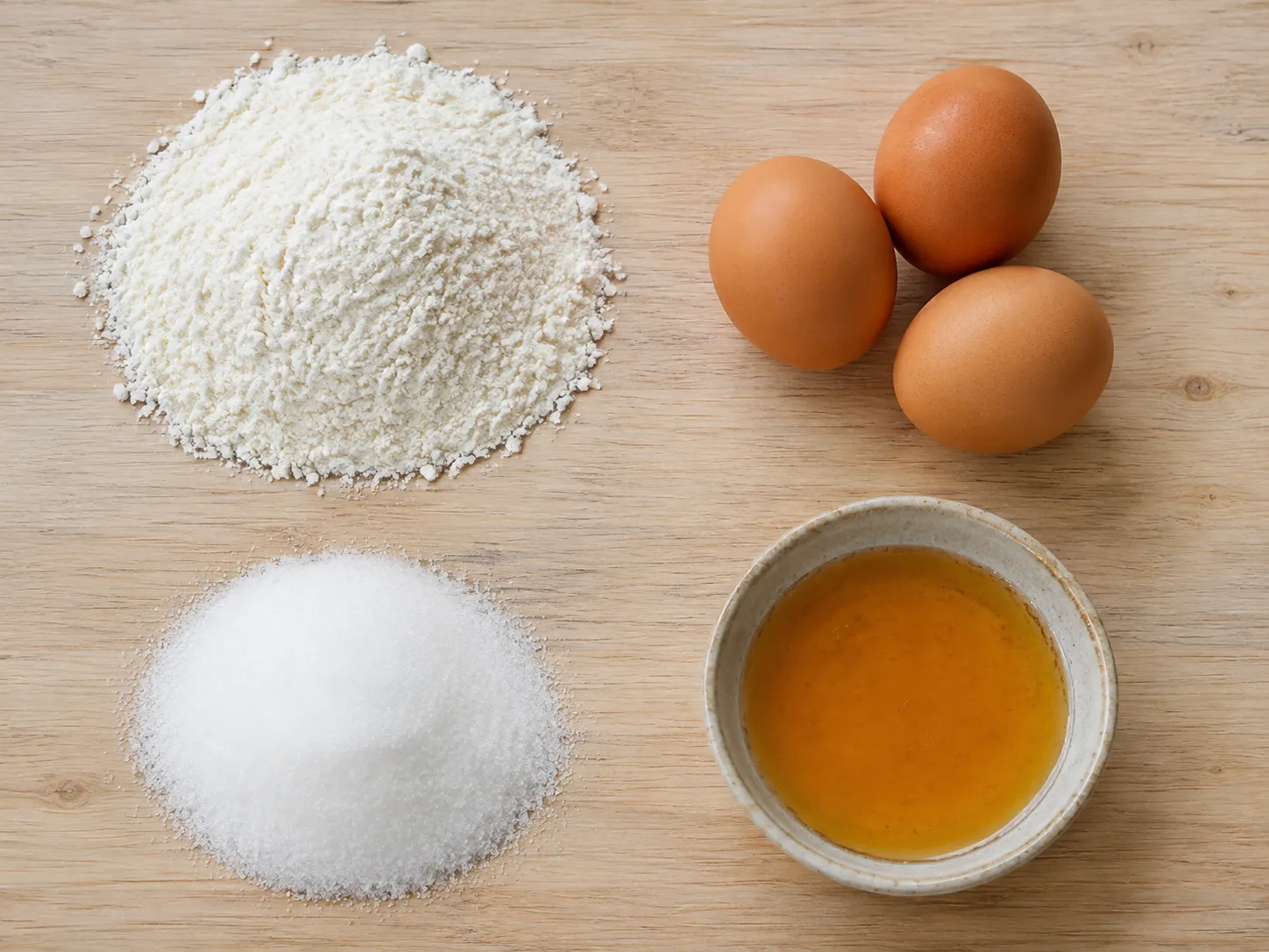 Flat lay of maruboro ingredients: wheat flour, whole eggs, sugar and honey