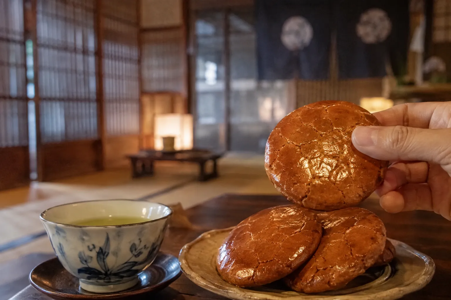 Round maruboro sweets set out with green tea in an old confectioner's tatami room in Saga