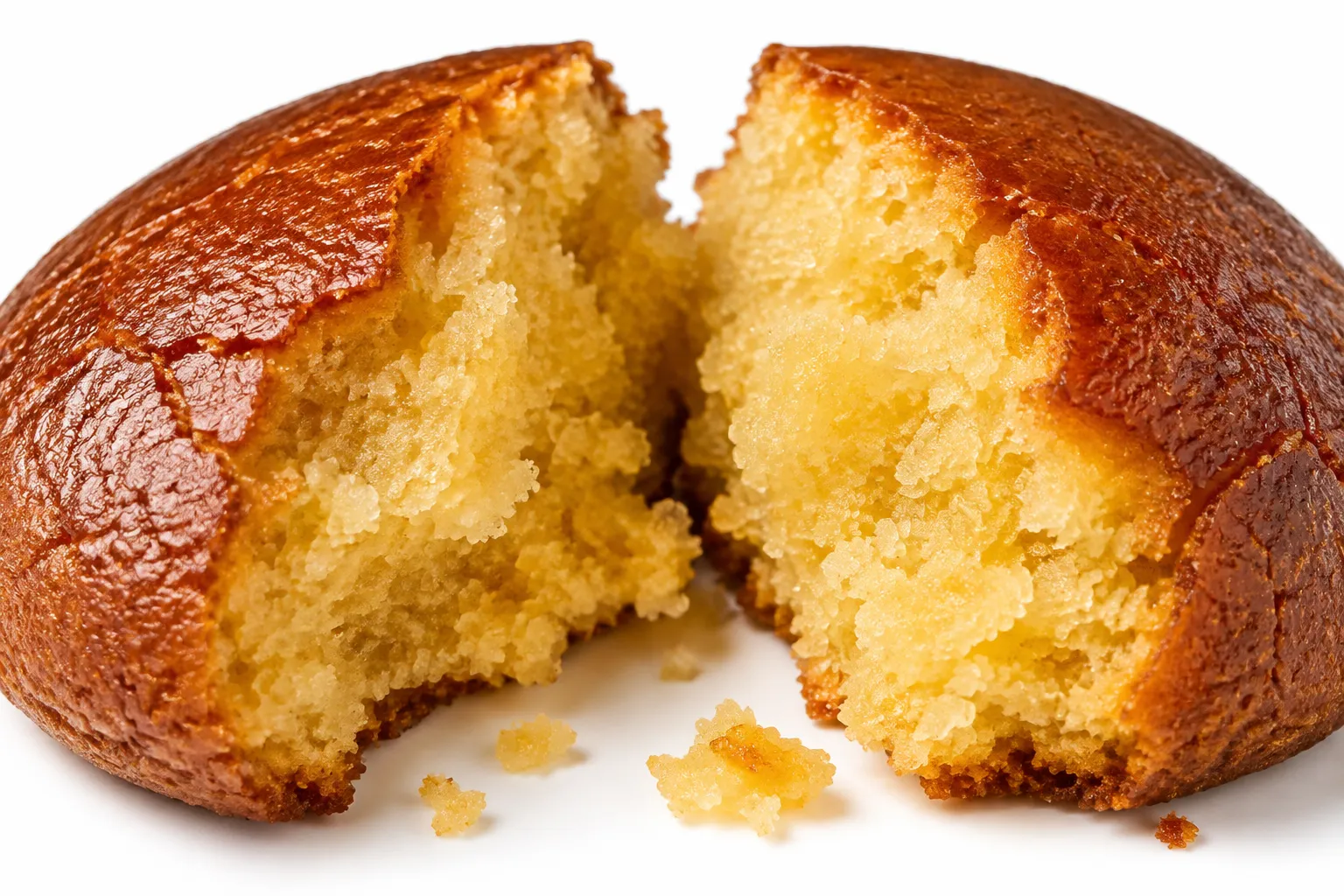 Close-up of a maruboro snapped in half showing the cracked golden top and dense moist crumb