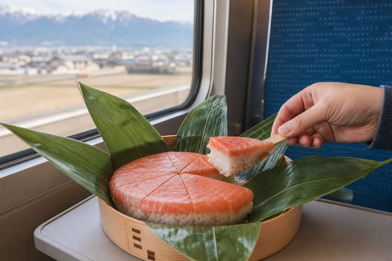 Masu no sushi box being unwrapped and shared in Toyama