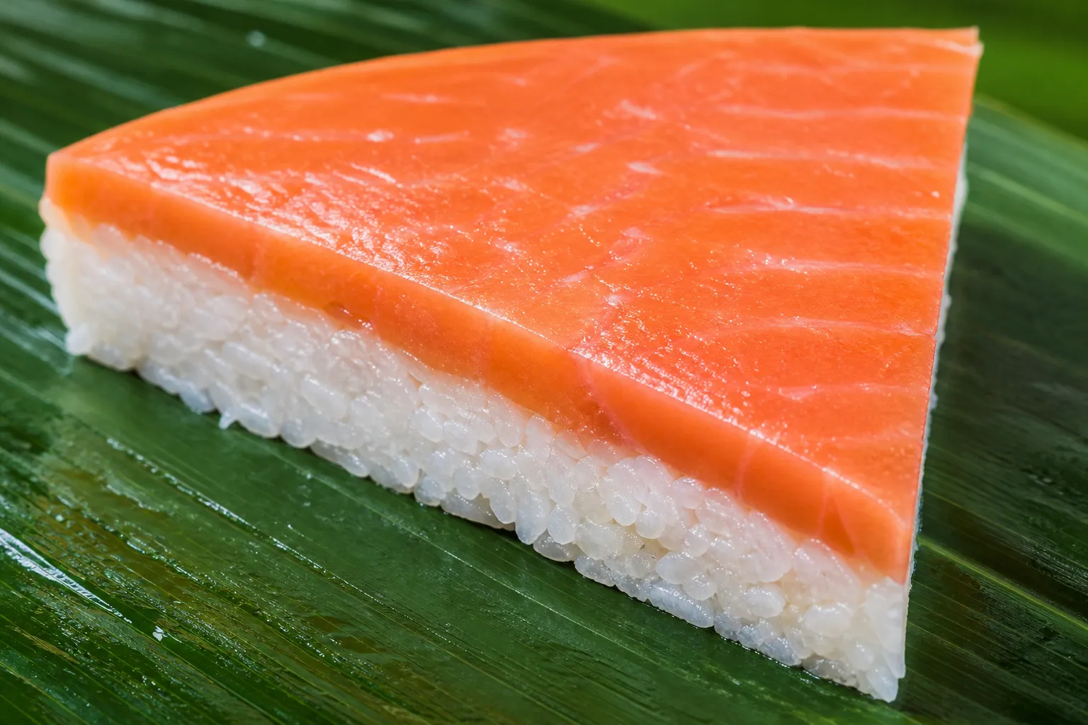 Close-up of the pressed trout and vinegared rice layers