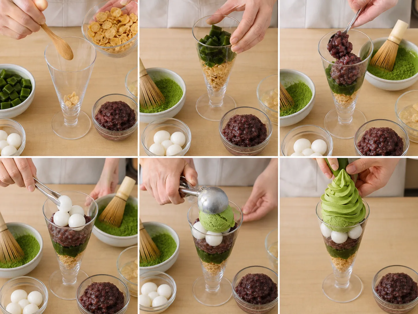 Hands assembling a matcha parfait with cornflakes, matcha jelly, red bean paste, shiratama, gelato and soft serve
