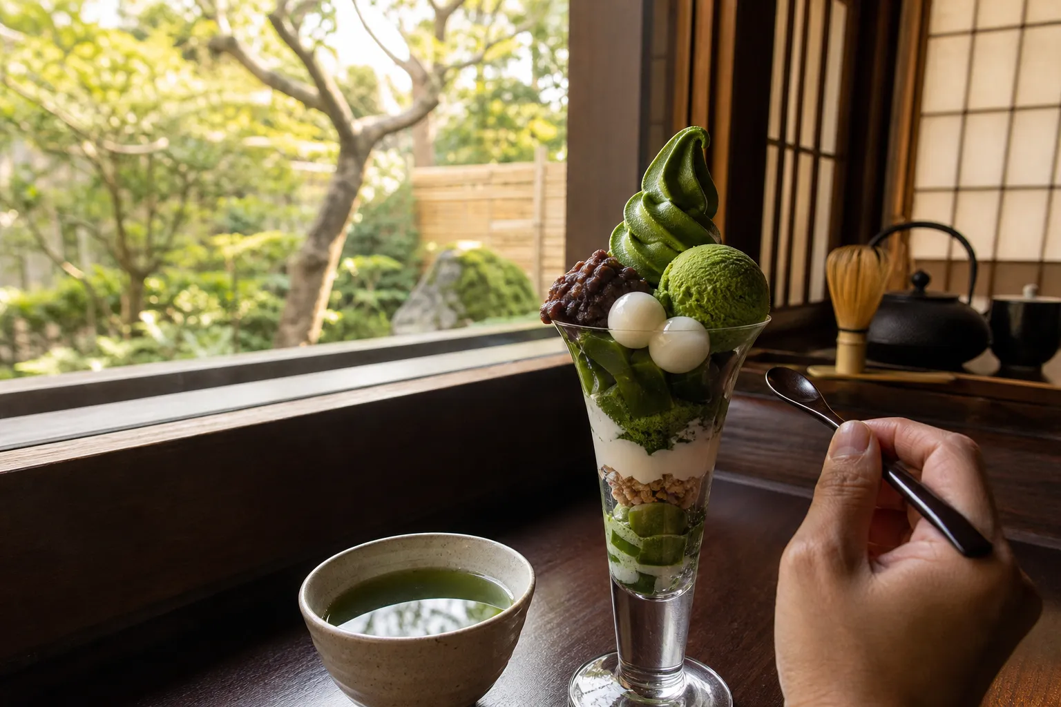 A traveler enjoying a matcha parfait with green tea beside a Japanese tea-house garden in Uji
