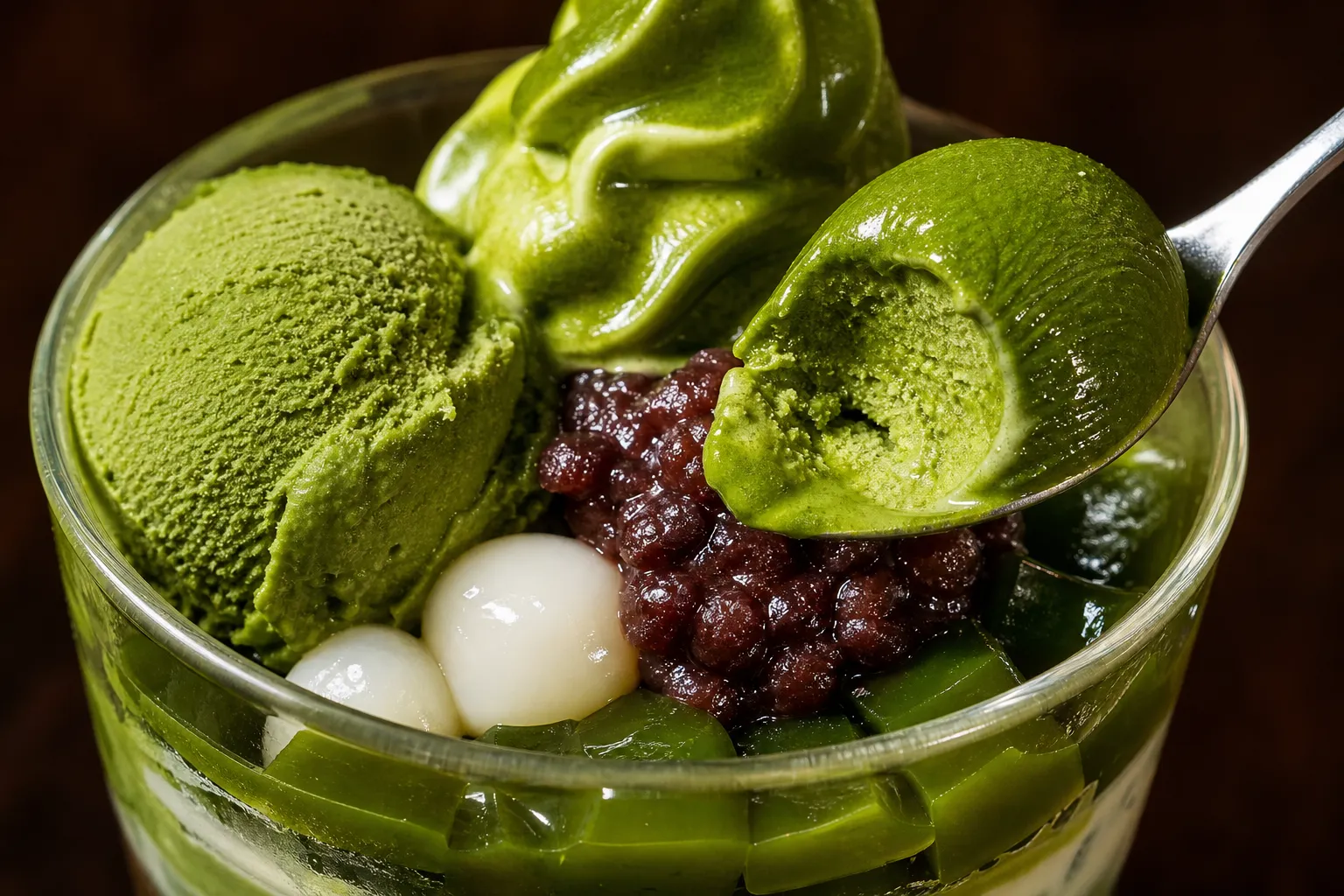 A close-up of a matcha parfait showing matcha soft serve, gelato, jelly, shiratama and red bean paste