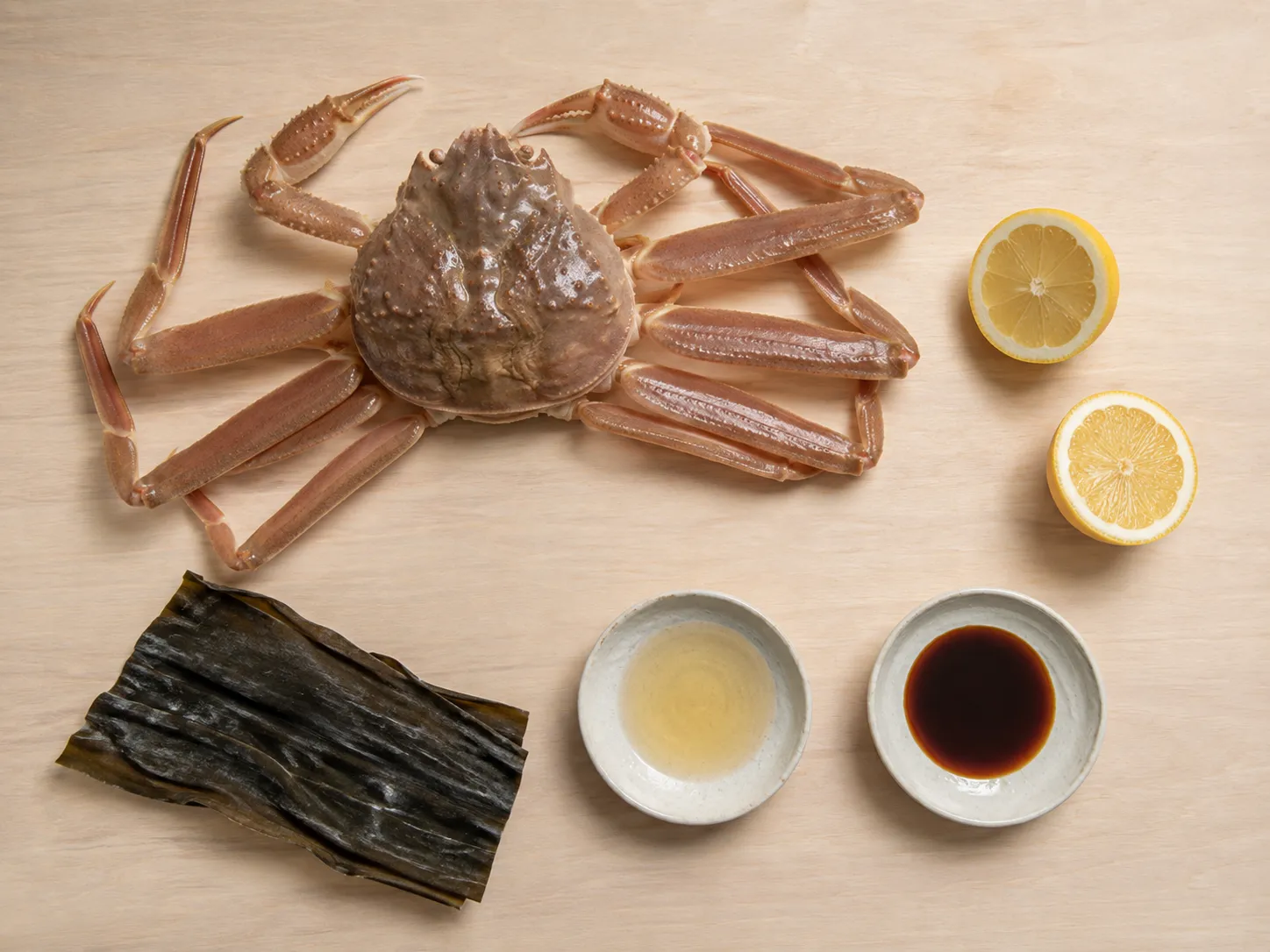 Flat lay of snow crab preparation: a whole raw snow crab, lemon, kombu kelp, rice vinegar and soy sauce