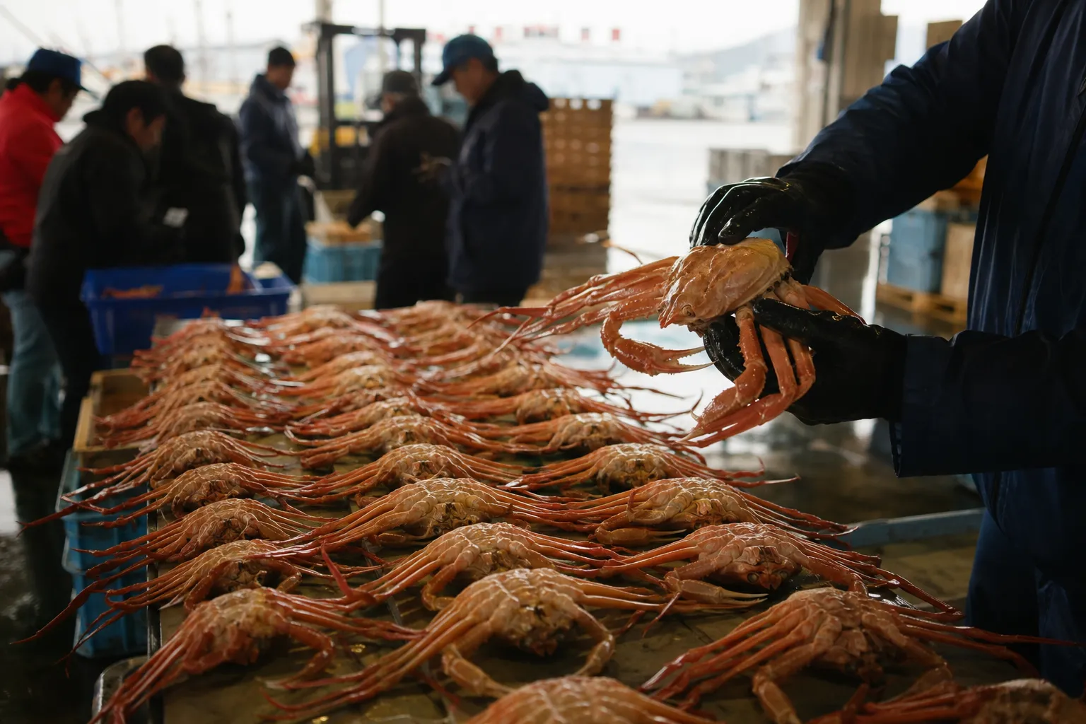 Boiled snow crabs laid out in rows at the winter morning auction floor of Sakaiminato port in Tottori