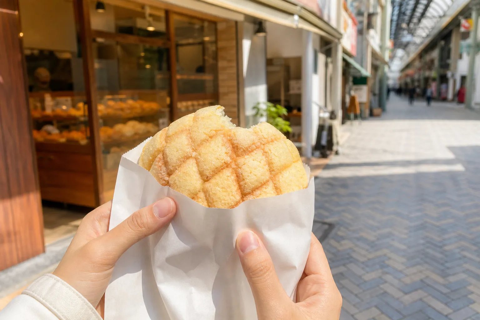 Someone enjoying a freshly baked melonpan on a Japanese shopping street arcade