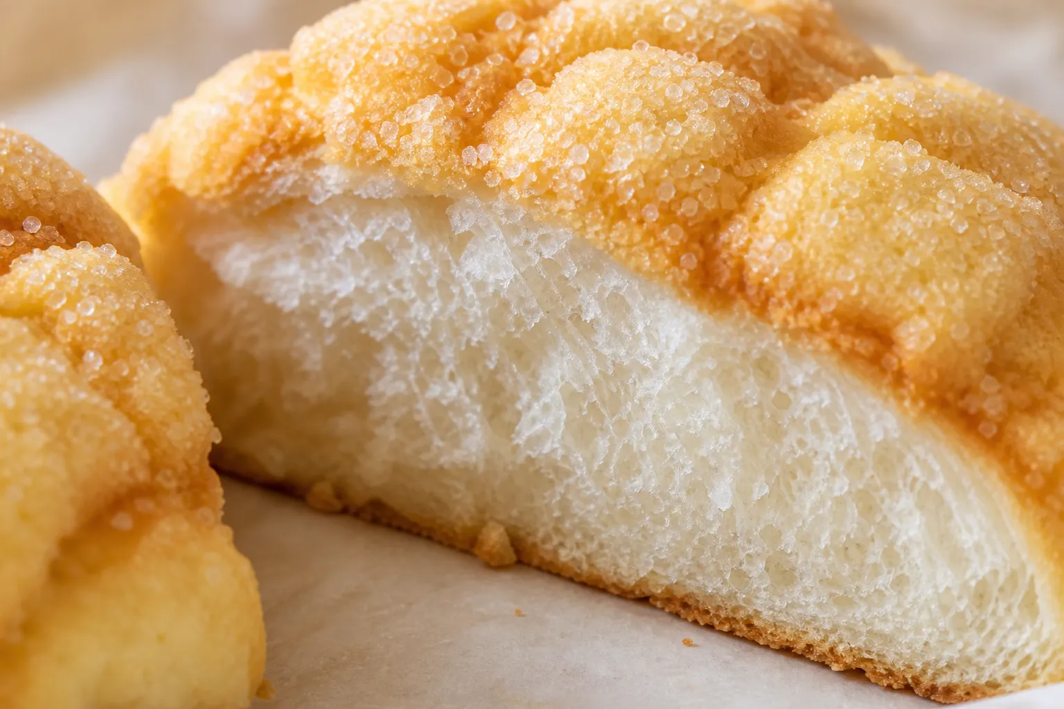 Melonpan sliced open showing the crispy golden cookie crust and soft white bread interior