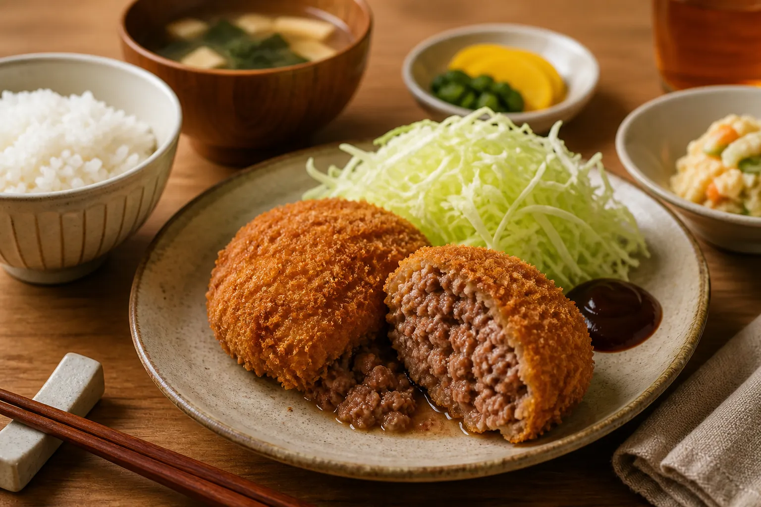 Menchi-katsu served in a typical setting