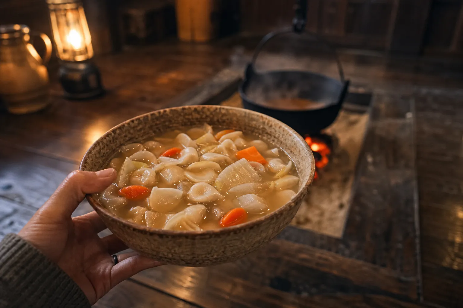 A bowl of mimi soup served in a farmhouse room in the Yamanashi mountains, with an iron pot over a hearth behind