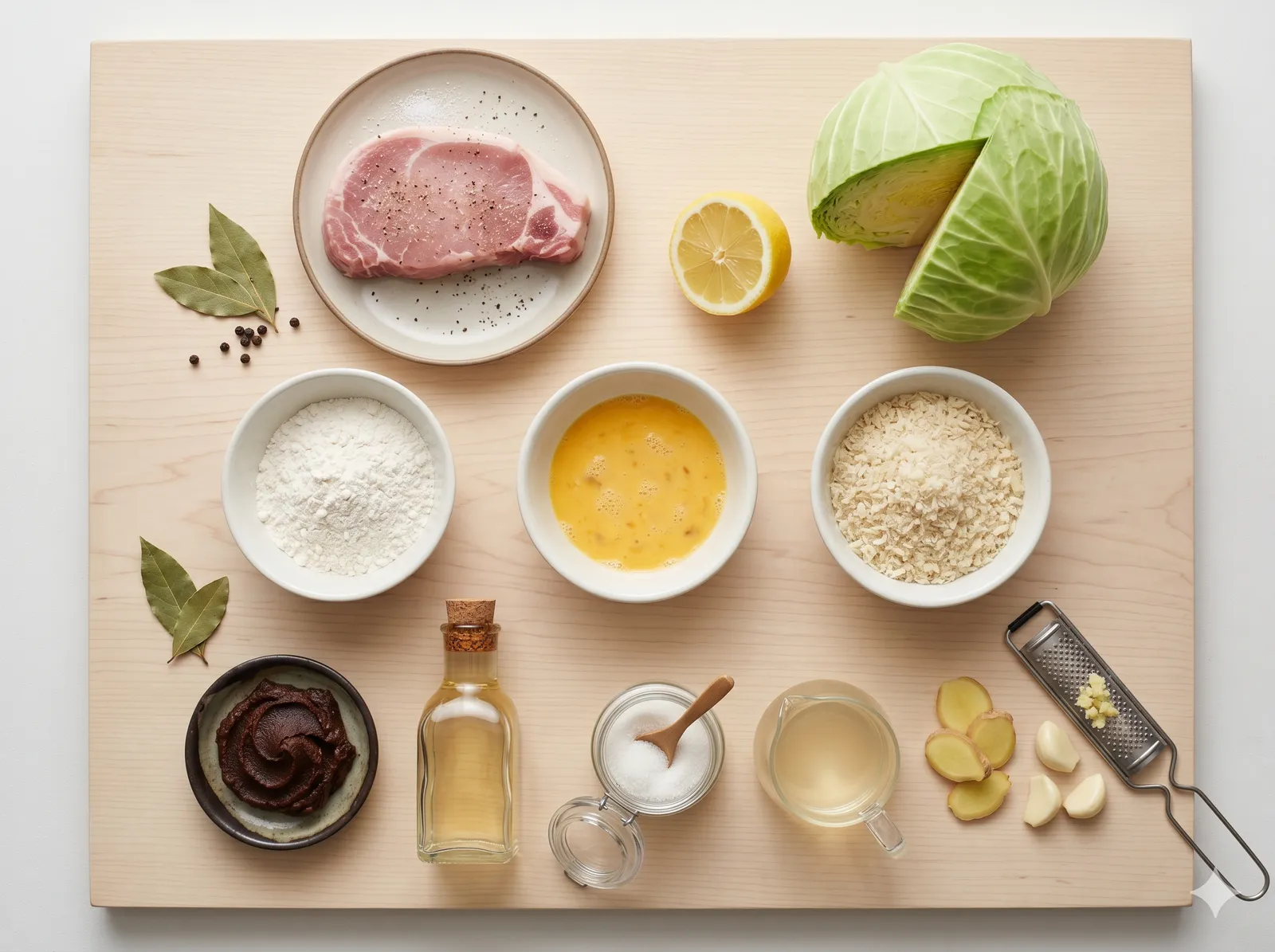 Top-down flat lay of miso katsu ingredients: breaded pork cutlet, hatcho miso, sugar, mirin, dashi, cabbage and a finished sauce-covered cutlet