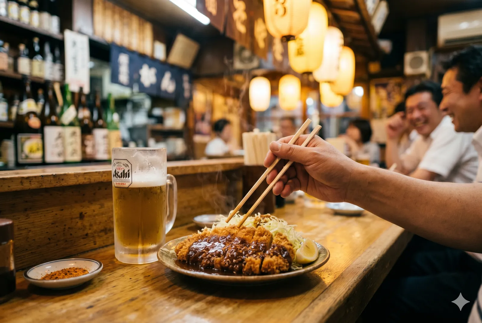Diners enjoying miso katsu with a glass of beer at a lively Nagoya izakaya counter