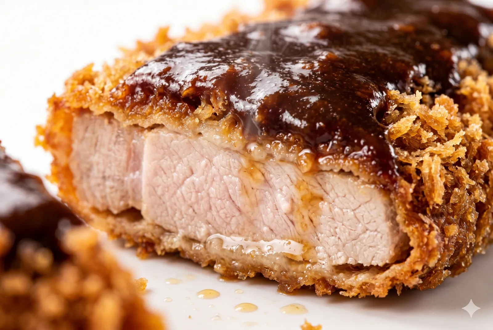 A sliced miso katsu cutlet with crispy panko and juicy pork drenched in glossy dark hatcho miso sauce