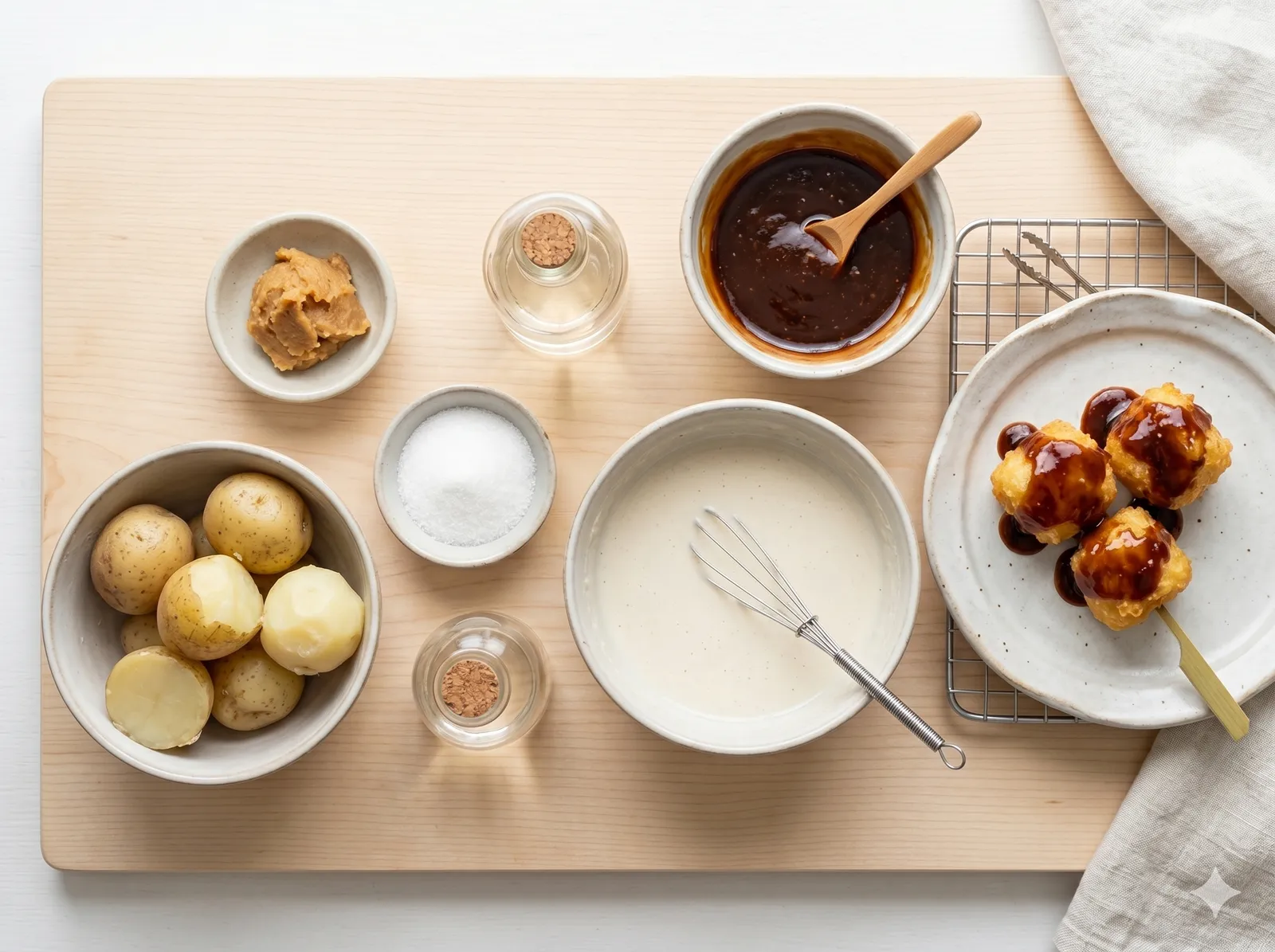 Top-down flat lay of miso potato ingredients: potatoes, miso, sugar, flour-and-water batter, sweet miso sauce, and finished sauce-glazed fried potatoes