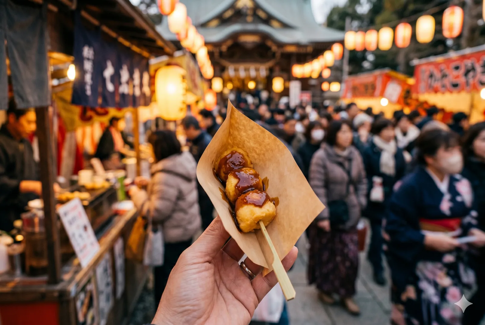 A hand holding skewered miso potatoes in paper at a lively Chichibu night festival, glowing lanterns and a crowd in the background