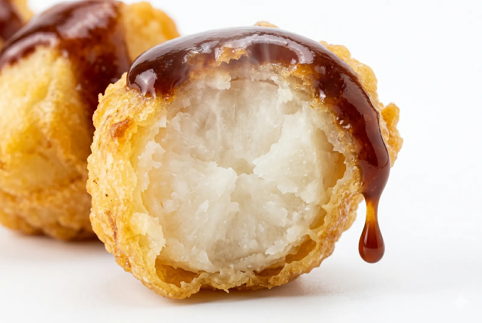 A deep-fried miso potato bitten open showing a soft fluffy white interior under a crisp batter, with sweet dark miso sauce dripping down