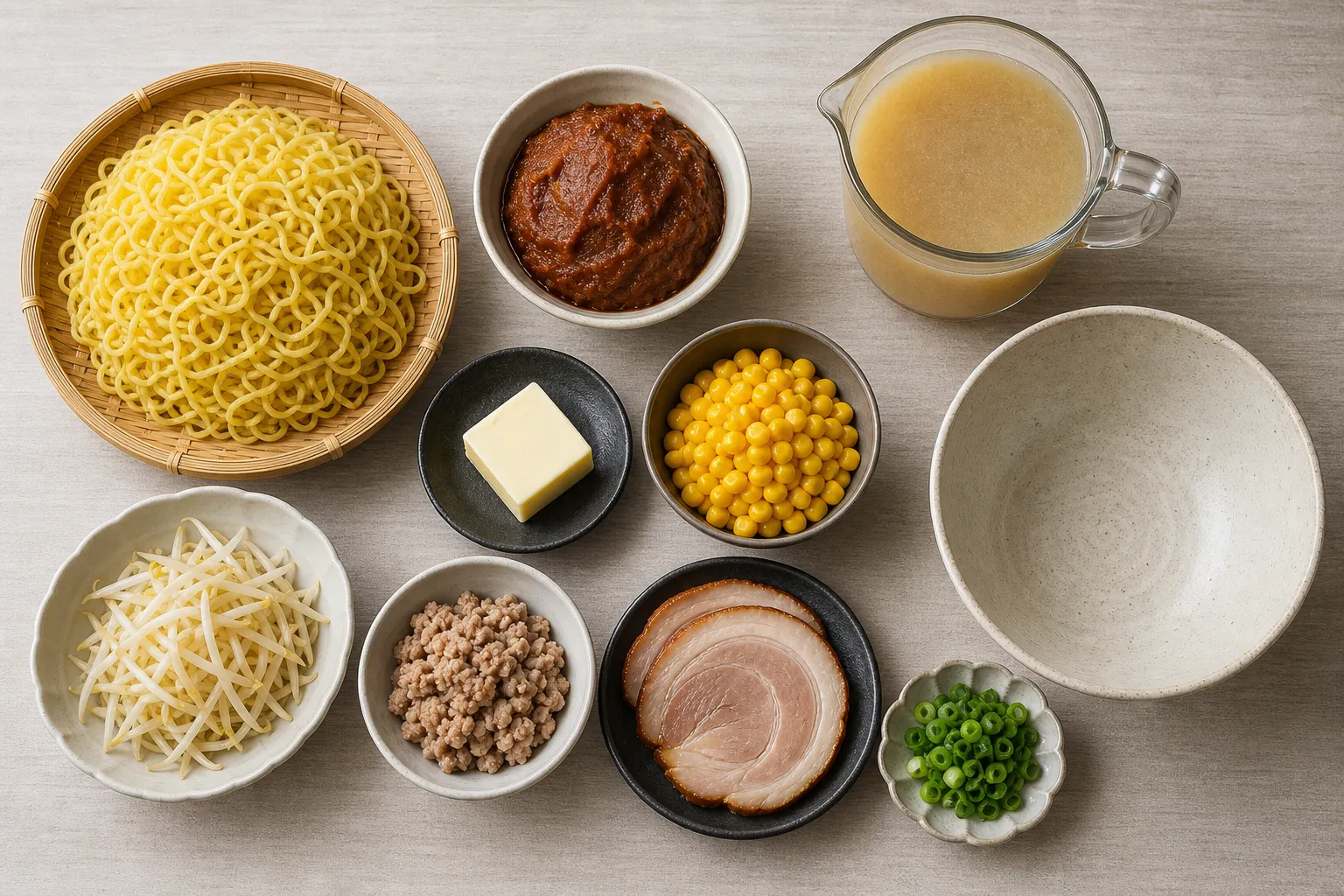 Miso paste, curly noodles, corn, butter, bean sprouts and ground pork laid out to make Sapporo miso ramen
