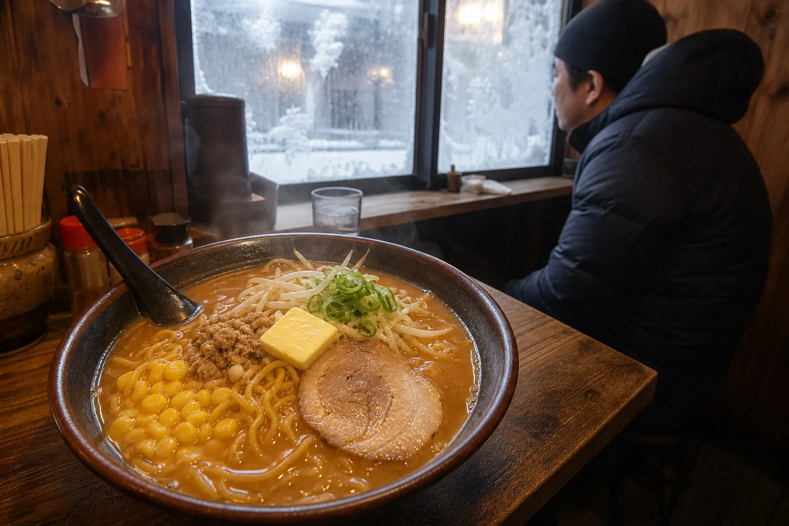 A steaming bowl of Sapporo miso ramen with corn and butter in a cozy shop against a frosted window