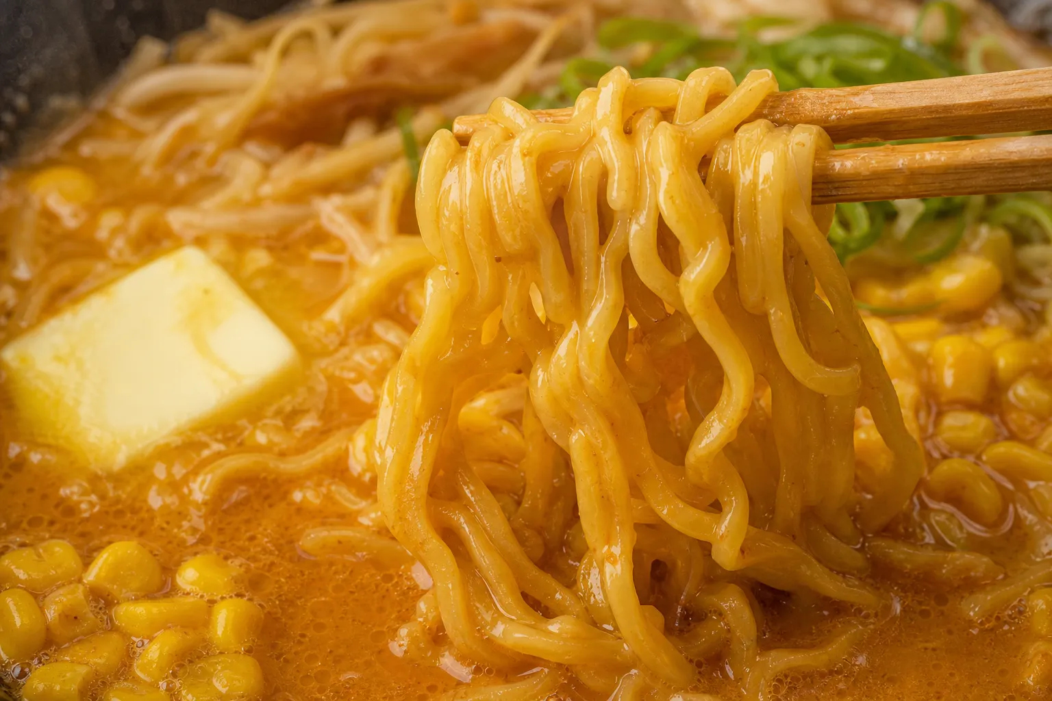 Close-up of curly miso ramen noodles lifted from a thick opaque broth with melting butter and corn