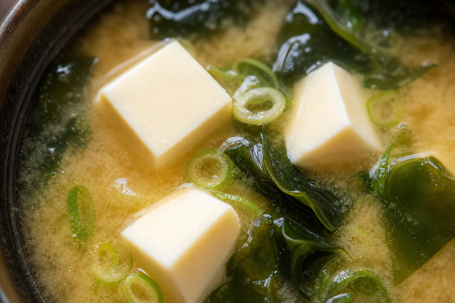 A close-up of cloudy miso dashi with silken tofu, wakame and sliced negi