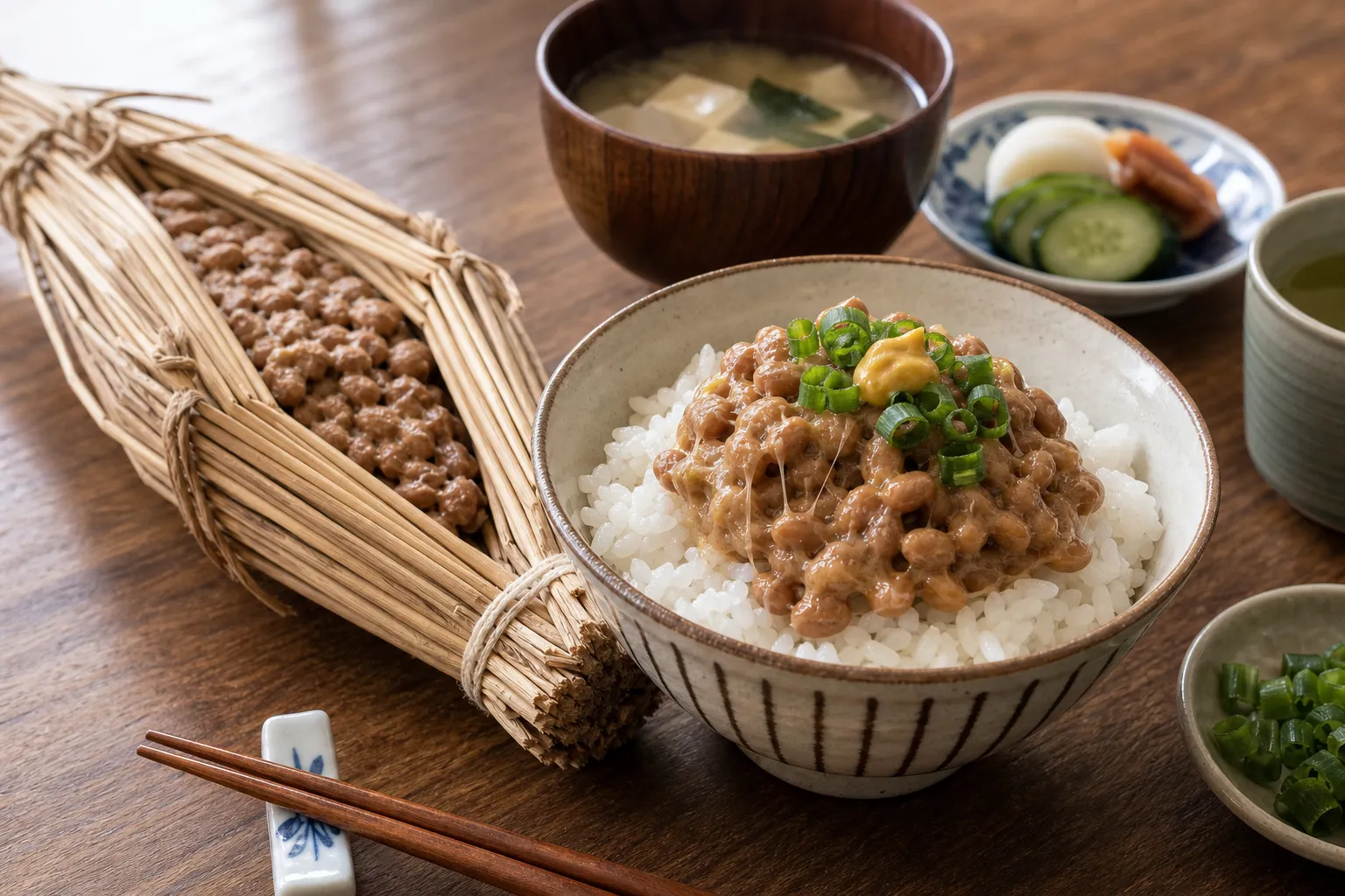 Straw-wrapped Mito natto eaten over hot rice with scallion and egg
