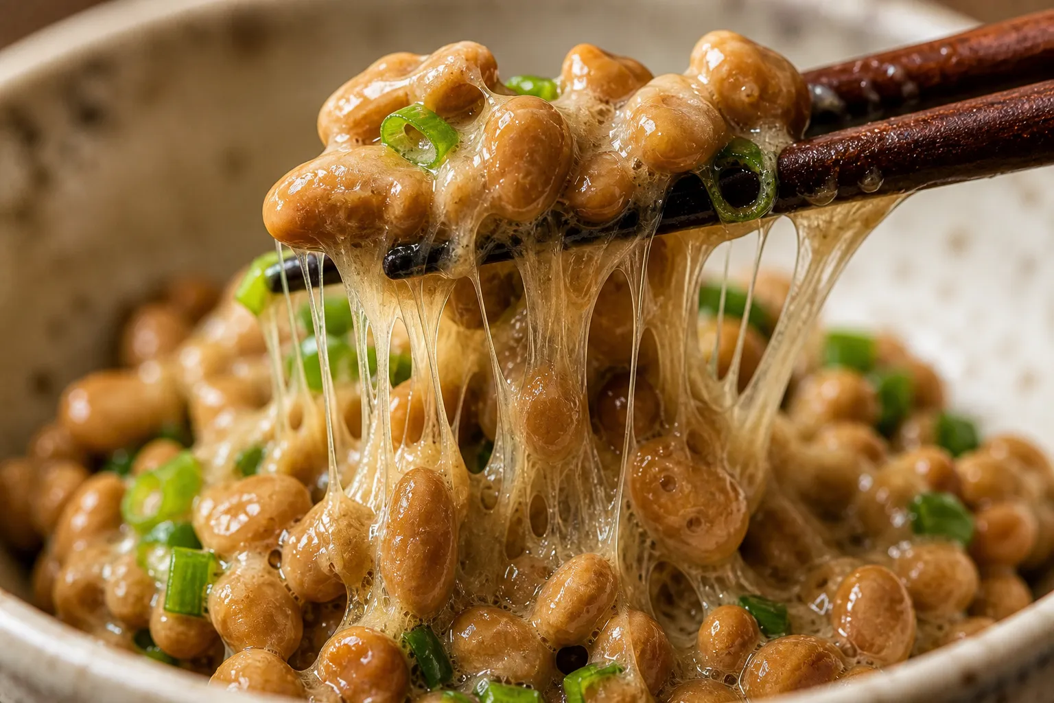 Close-up of Mito natto beans pulling into sticky strings