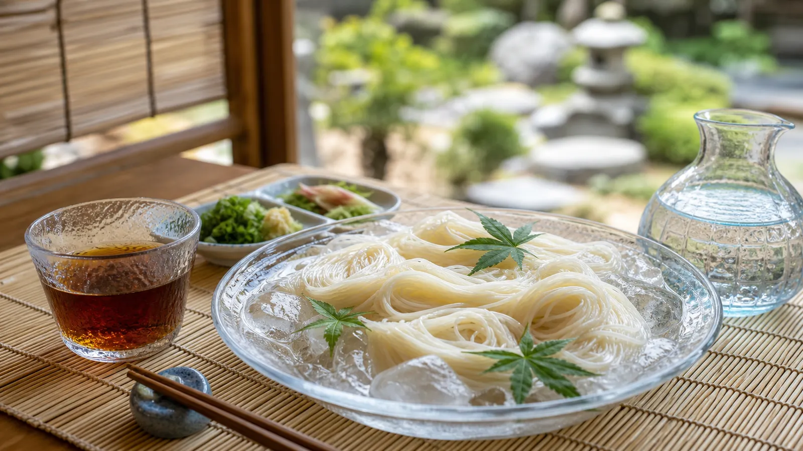 Miwa somen served chilled over ice in a typical Nara setting