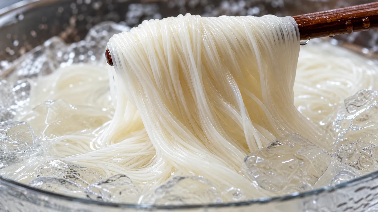 Close-up of ultra-fine white Miwa somen threads glistening over ice