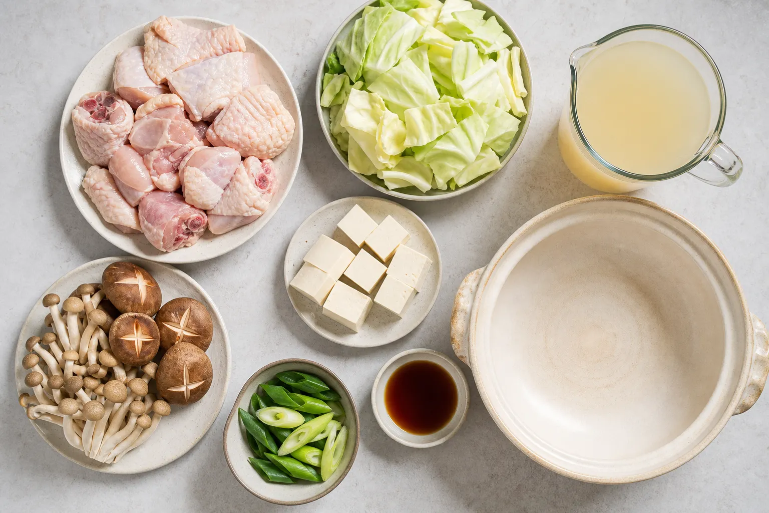Bone-in chicken, cabbage, tofu, mushrooms, ponzu and grated daikon laid out to make Hakata mizutaki hot pot