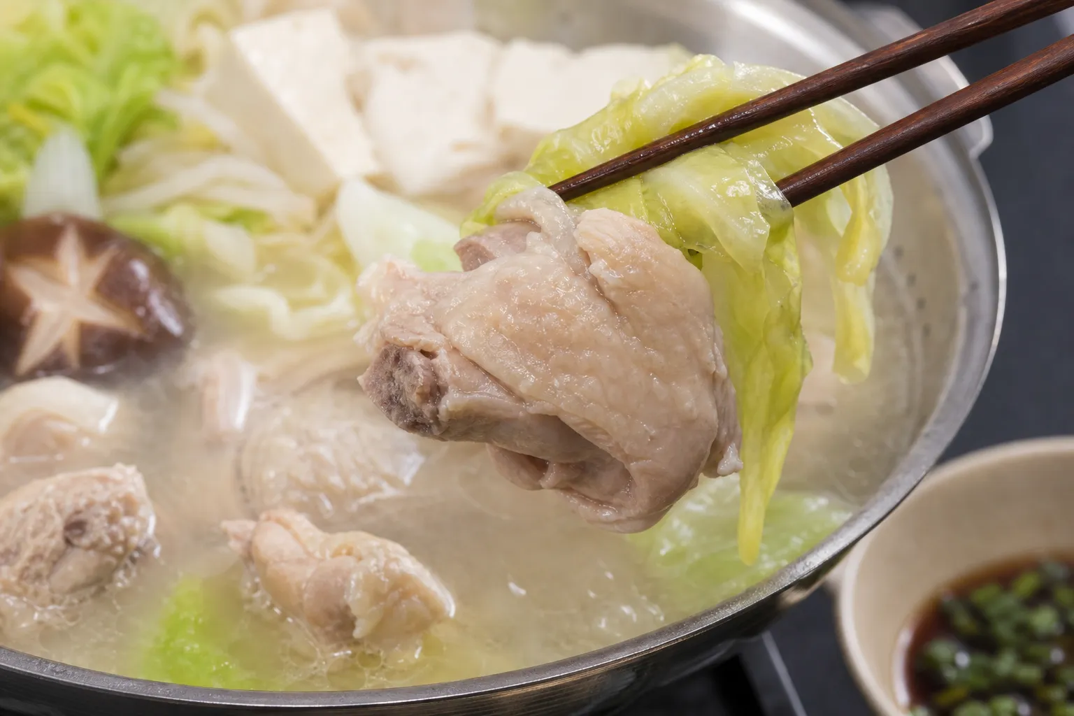 Close-up of tender bone-in chicken and vegetables lifted from a pale milky mizutaki broth in a clay donabe pot