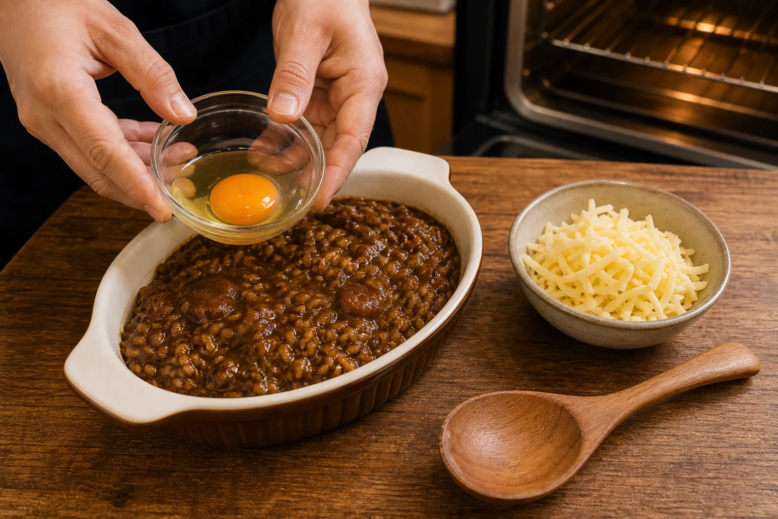 Yaki-curry being assembled in a ceramic dish before baking